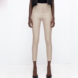 ZARA High Rise Ankle Zip Faux Leather Leggings Skinny Pants Beige